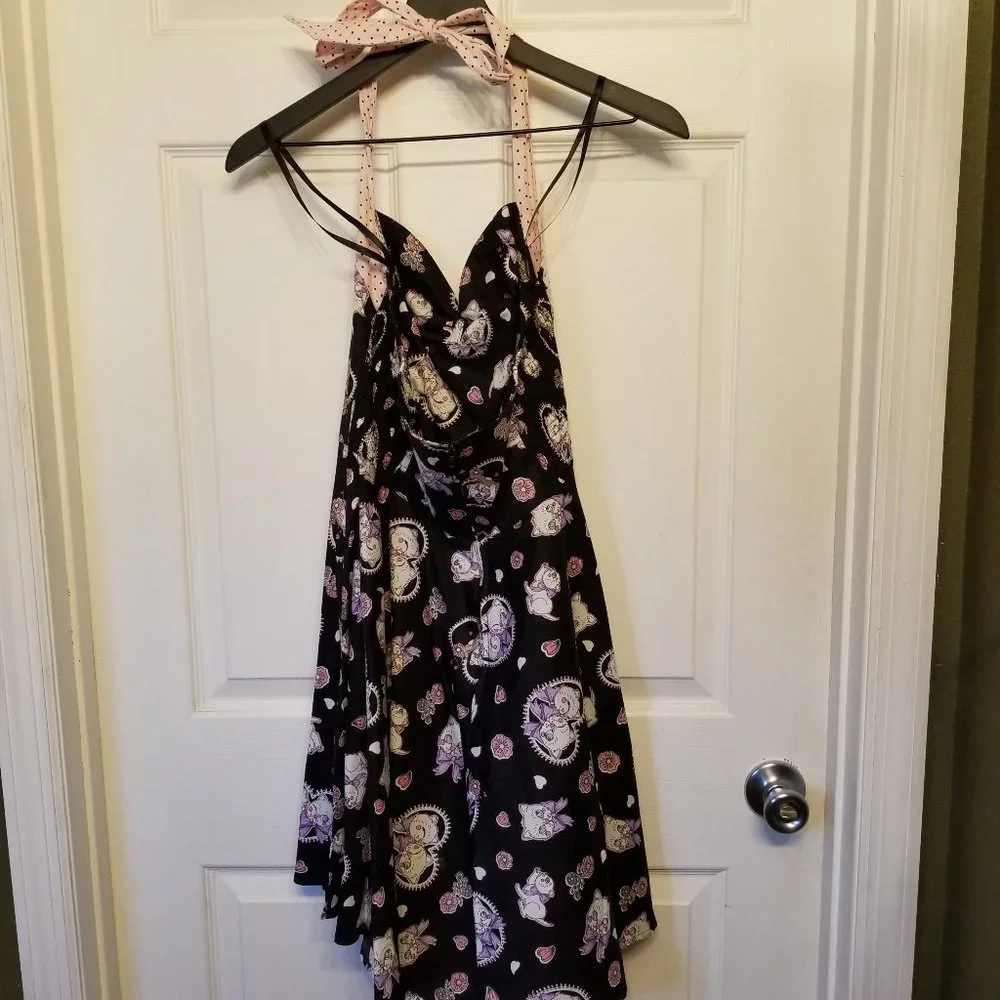 Hell Bunny Black Swing Dress with Pink and Cream Heart Motif
